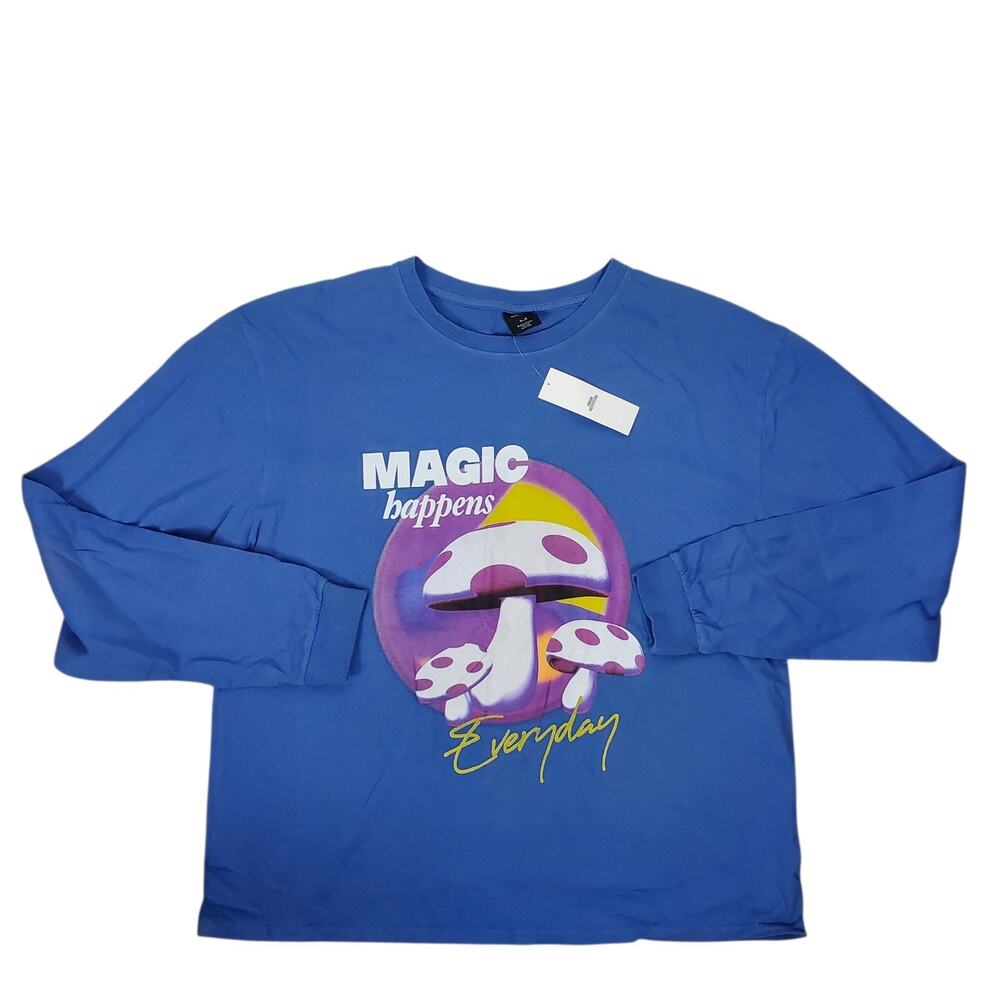 NEW Urban Outfitters UO Magic Mushroom Long Sleeve Tee Size L Blue Cotton Jersey